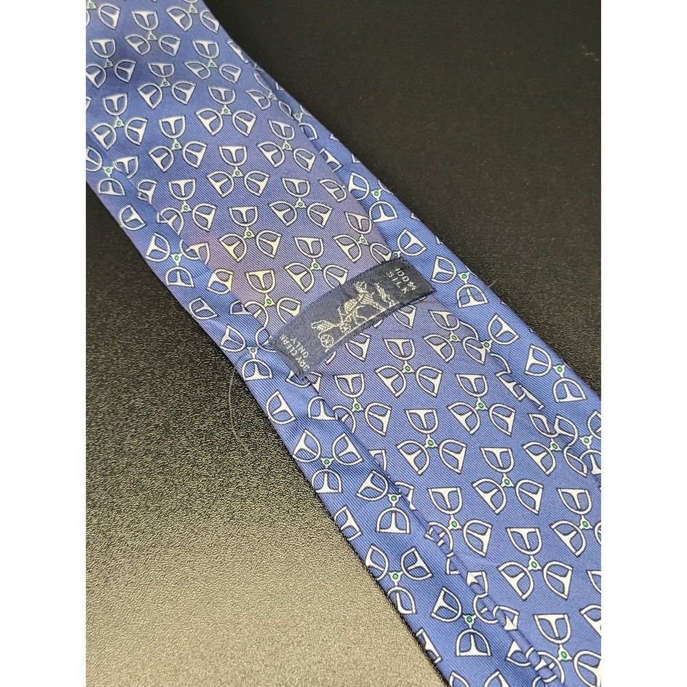Hermes Silk Necktie Blue White Green Stirrup Pattern 7479 IA France